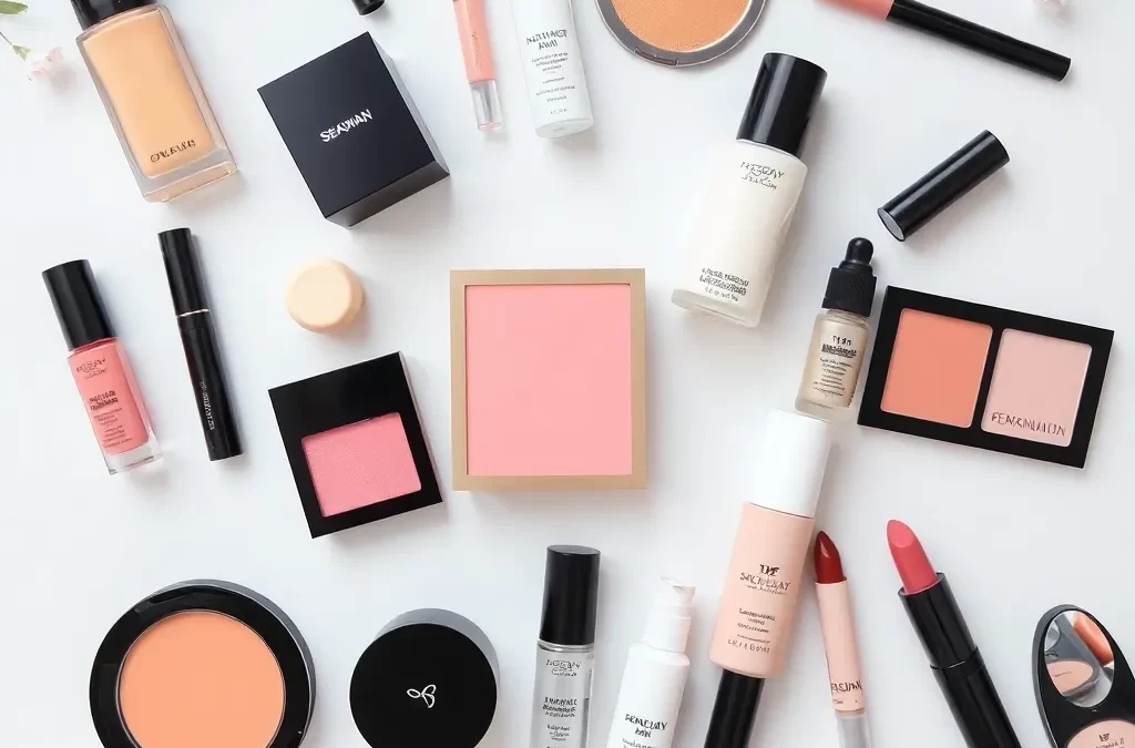 Flat lay estetis dari berbagai produk makeup dan perawatan kulit dari PT. Sekawan Kosmetik Wasantara, menyoroti pentingnya memilih produk yang tepat untuk kesehatan kulit.