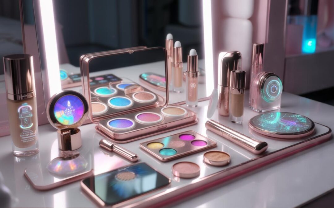 Setup makeup futuristik dengan produk kecantikan berteknologi tinggi.