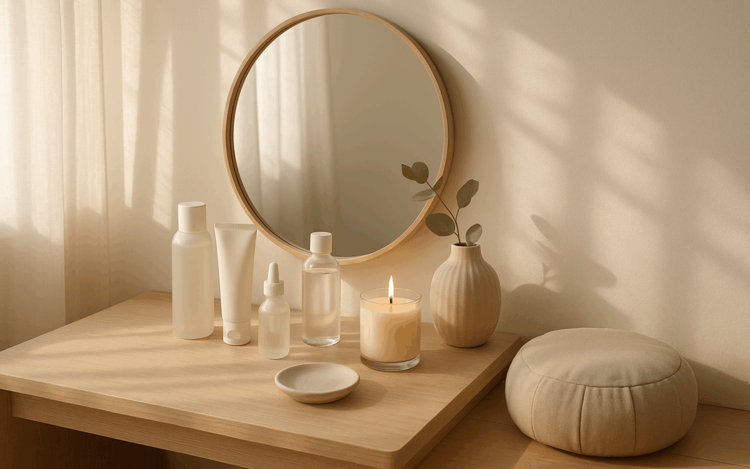Meja rias dengan skincare, lilin aromaterapi, dan bantal meditasi di cahaya pagi