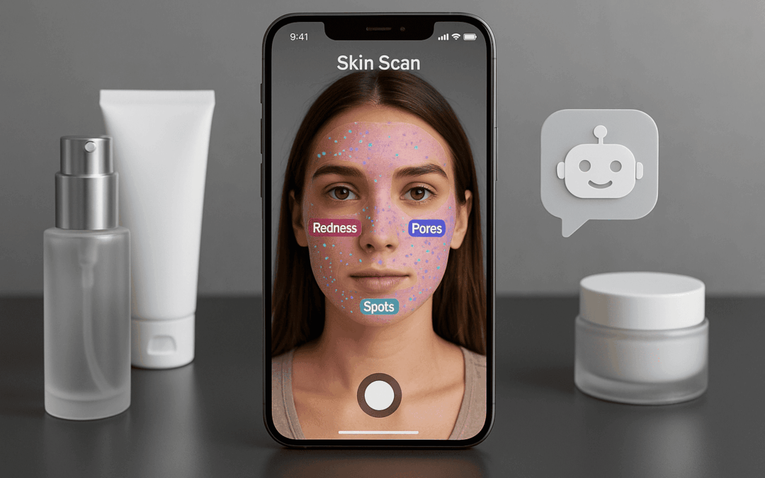 “AR skin scan pada aplikasi di smartphone dengan overlay selfie pengguna dan ikon chatbot di meja rias”