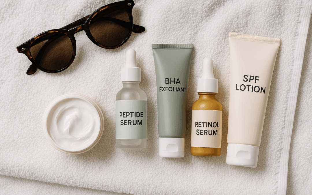“Flat lay skin cycling vs barrier repair summer routine: ceramide cream, peptide serum, BHA exfoliant, retinol serum, and SPF”