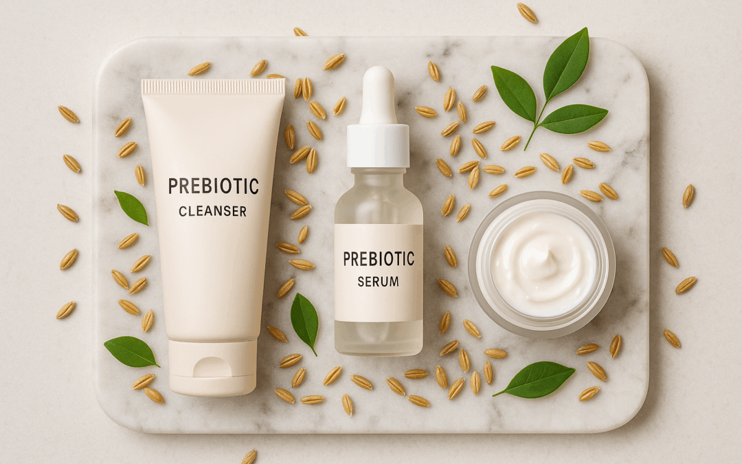 “Flat lay prebiotic skincare: cleanser, serum, moisturizer dengan barley dan daun hijau”