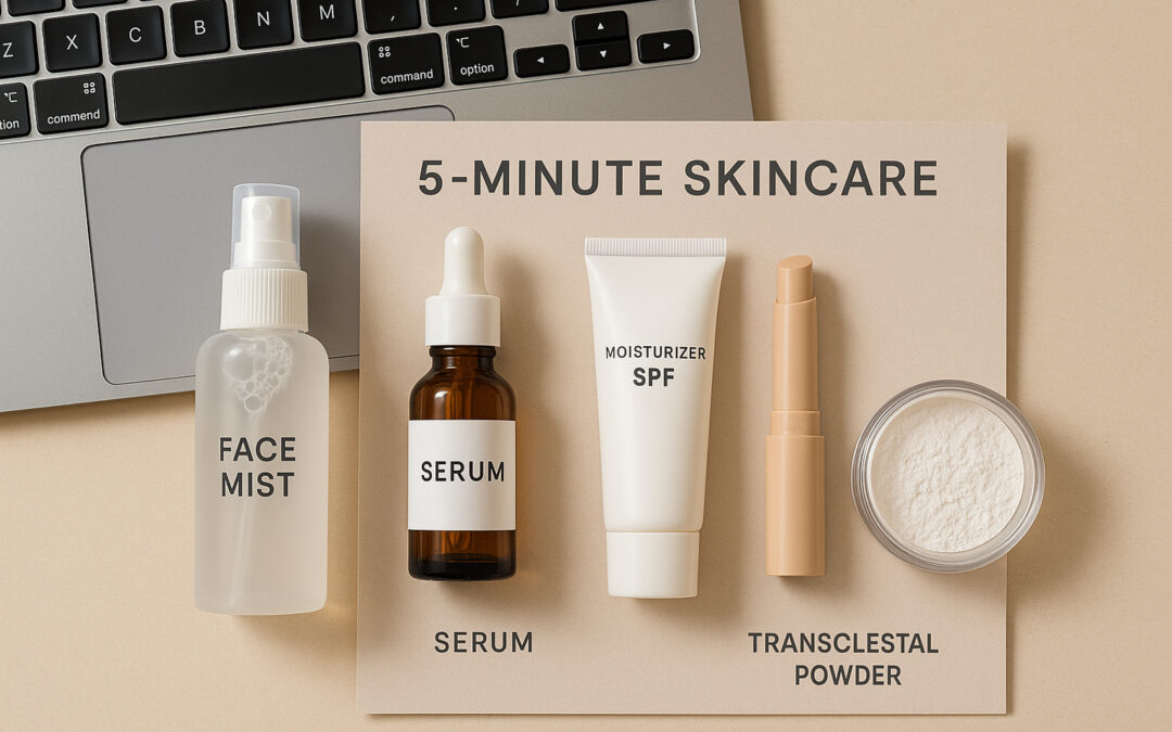 “Flat lay skincare back to work: face mist, serum, moisturizer SPF, concealer, powder”