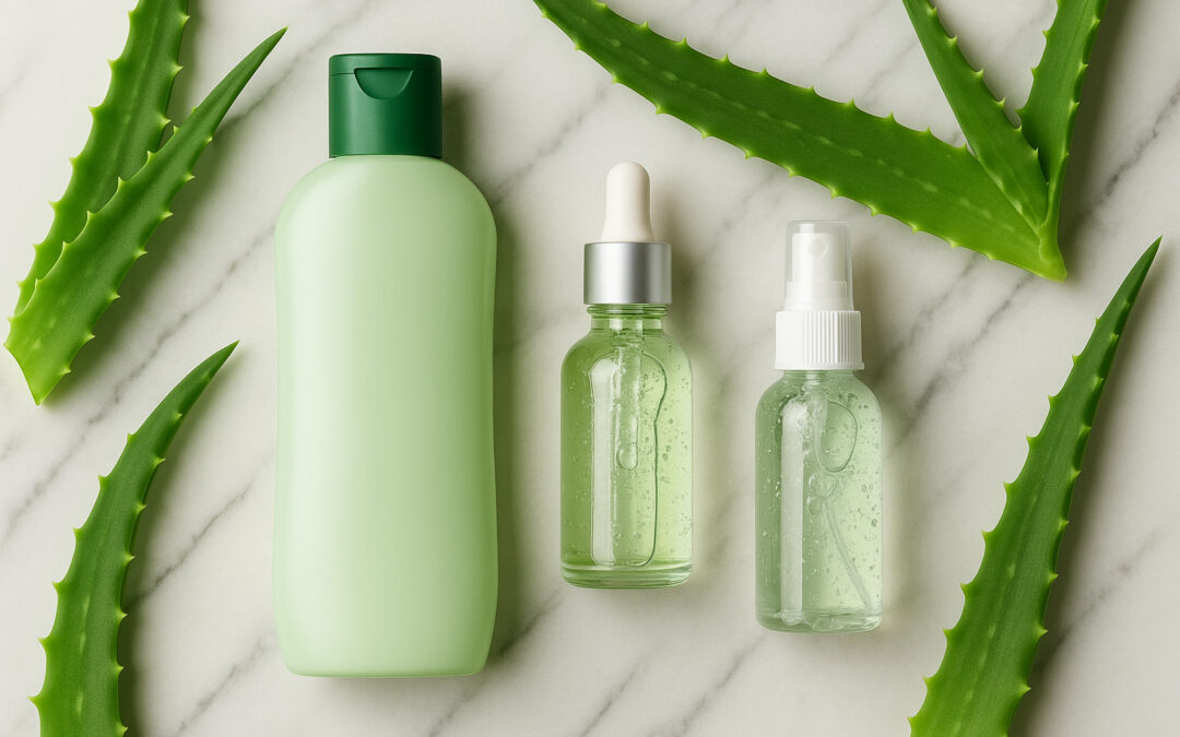 “Flat lay aloe vera multi-use: shampoo-conditioner, serum wajah & tubuh, dan mist spray”
