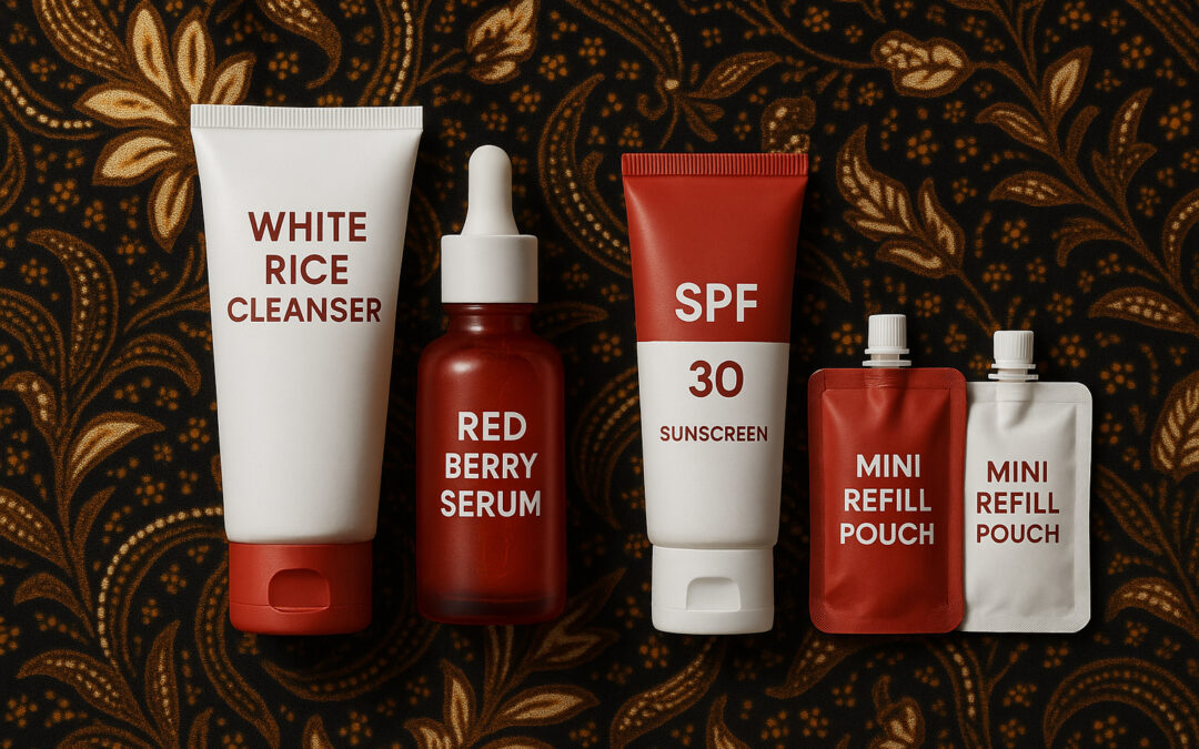 “Flat lay of Indonesian Independence skincare kit with rice cleanser, berry serum, and red-white SPF”