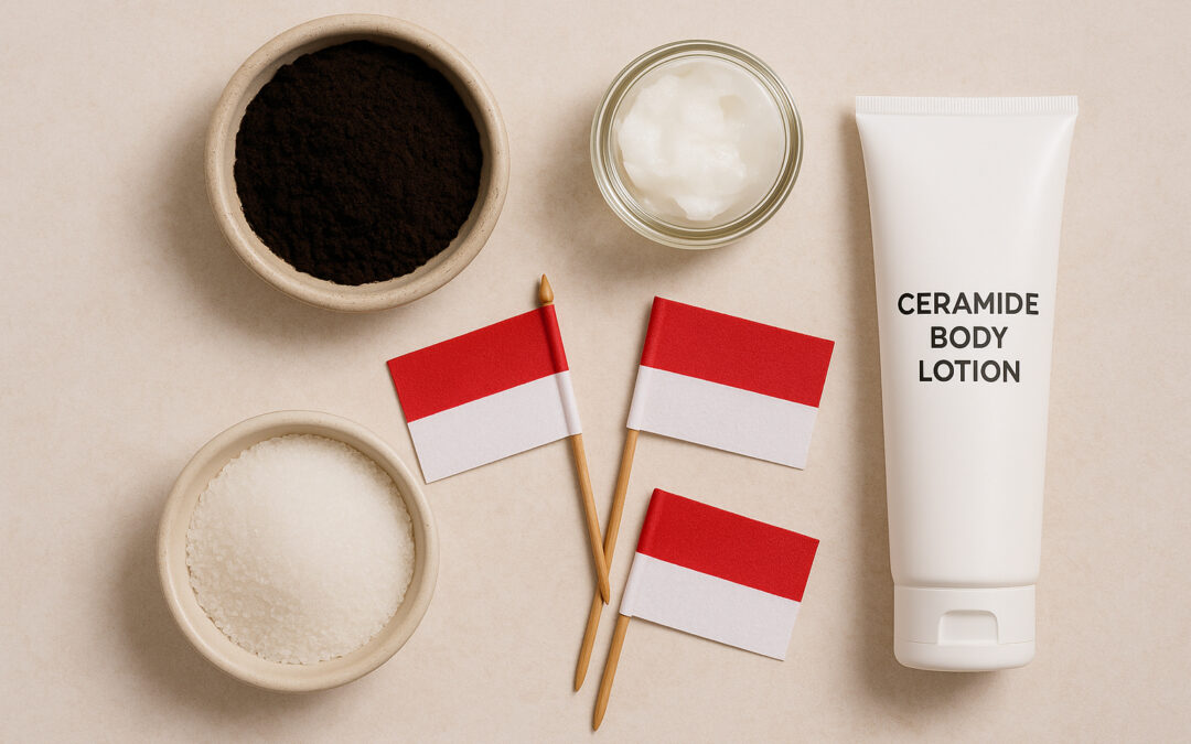 “Flat lay DIY Merah Putih body scrub with lotion and Indonesian flags.”