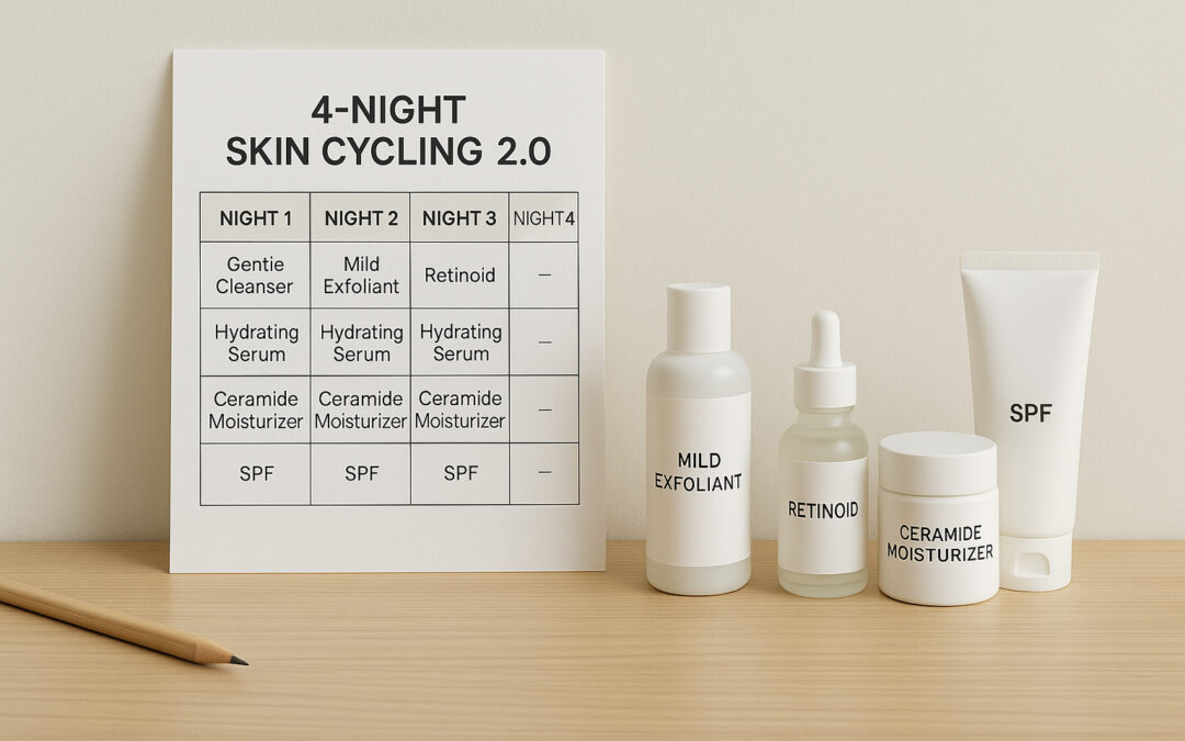 Skin cycling 2.0 planner with exfoliant, retinoid, hydrating serum, ceramide moisturizer, and SPF